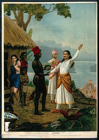 A royal sage tells the father of the fishergirl of their marriage. Chromolithograph by R. Varma, 1907.