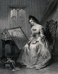 A young woman is sitting in a chair with a tapestry in a frame in front of her, trying to be distracted from the thought of her forced marriage. Engraving by W.H. Simmons, 1840, after J.H. Nixon.