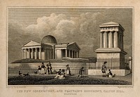 The monument to John Playfair (right) and the New Observatory (left) on Calton Hill, Edinburgh. Line engraving by A. Cruse after T. H. Shepherd.