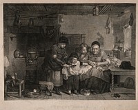 A boy has cut his finger which is being treated by his mother, two other siblings hold him back while he resists. Line engraving after D. Wilkie.