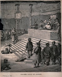 A man kneeling in front of a judge at a Chinese court of justice. Wood engraving after E. Vaumort.
