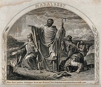 Saint Adalbert prays for bread and peace for Bohemia. Engraving by G. Döbler after J. Friese after F. Kadlik.