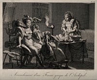 A seated Greek woman on an obstetrical stool being held in position by her husband while giving birth aided by a midwife, another attendant dresses the first baby. Line engraving by A. Tardieu after N. Maréchal.