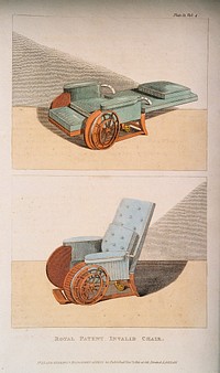 Royal patent adjustable invalid chair, shown in horizontal and upright positions. Coloured etching, 1810.