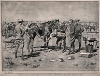 Boer War: Colonel Baden-Powell inspecting a sick horse at a military camp in Mafeking (Mahikeng). Process print by J.Swain & Son after G. Scott after D. Taylor.