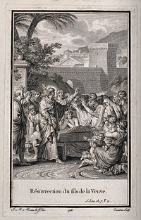 Christ raises the widow's son from the dead. Engraving by J. Dambrun, 1798, after J.M. Moreau.