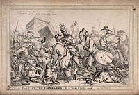 Robert Peel as a pugilist attacking night watchmen with the intention of replacing them by the police force. Etching by Paul Pry (W. Heath).