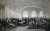 British inventors, politicians and military men, gathered in a room at Buckingham Palace. Engraving by C.G. Lewis, 1863, after T.J. Barker.