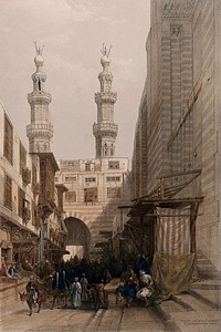 Gateway of the Metwaleys with minarets, Cairo, Egypt. Coloured lithograph by Louis Haghe after David Roberts, 1848.