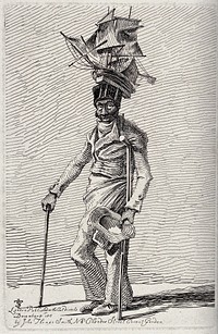 A black man in ragged clothes moving with the aid of crutches holds out his hat to beg for alms while wearing a miniature ship on his head. Etching by J.T. Smith, 1815.