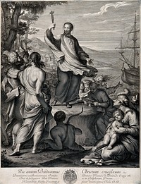 Saint Francis Xavier, holding a crucifix, is preaching to a group of people during one of his missions in India. Engraving by G. Edelinck after J. Sourley.
