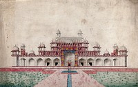 Sikandra, near Agra, Uttar Pradesh: mausoleum of the Emperor Akbar. Gouache painting by an Indian painter.