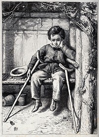 A boy with crutches sitting on a bench in a bucolic environment looking pensively. Wood engraving.
