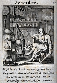 An elderly alchemist sitting next to his equipment. Engraving by C. Weigel, 1698.