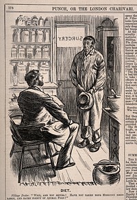 A doctor is dismayed to discover that his patient has been eating animal feed when he had recommended animal food. Wood engraving by C. Keene, 1879.