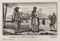 Java: a man and a woman of mixed race (Dutch and Javanese), with the woman holding a young child in her arms, standing outside a plantation; right an ape of Java (orangoutan). Etching by F. Garden, 1752.
