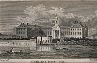 The Royal Hospital, Chelsea: viewed from the Surrey bank with boats on the river. Etching by J.S. Storer, 1795, after J.M.W. Turner, 1794.
