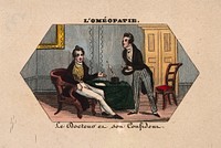 A young doctor confides in his equally fashionably dressed friend. Coloured photolithograph.