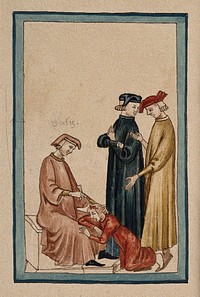 A sitting physician is trepanning another man's head while two others consult. Watercolour drawing.