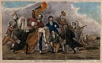 A naked woman representing Truth is defended by Lord Holland against attack by politicians abusing a government privilege in libel cases. Coloured etching by Samuel De Wilde, 1811.