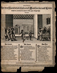 The three ages of man: a couple embrace, children play with hoops and toys, and an old couple eat at a table. Engraving by P. Fürst, 1652.