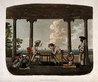 An Englishman and Asian man under an arbor playing chess and both smoking the hooka. Coloured aquatint by T. Rickards, c. 1804, after C. Gold.