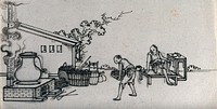 Processing of tea  (Camellia sinensis) in China: one man carries a tray of leaves towards the oven for firing, while another rests and takes tea. Ink drawing, China, 18--.