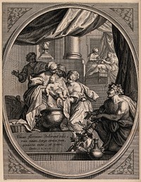 The newly-born Virgin Mary is washed by maids; Bacchus waits by the bath. Etching by J. Audran.