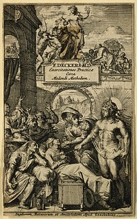 Above, a woman personifying health addresses Death; below, Apollo, attended by an agitated crowd of patients, heals a sick man; representing the medical writings of Frederik Dekkers. Etching.