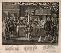 The deathbed of Frederik Henrik, Prince of Orange, at Delft in 1647. Engraving by C. van Dalen after A.P. van de Venne.