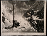A family caught in an avalanche along the Mount St. Bernard Pass; a woman frantically rings the bell thus breaking the cord. Aquatint by J.P.M. Jazet after H. Lecomte.