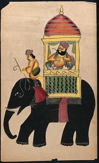 Raja on a black elephant. Watercolour by an Indian artist, ca. 1890.