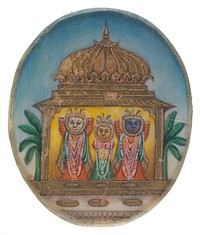 Balarāma, Subhadrā and Lord Jagannāth from left to right. Gouache painting by an Indian artist.