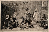 A rural surgeon treating an elderly man's foot, in the background an assistant is mixing a concoction with a pestle and mortar in a surgery. Etching by A.T.J.M. Potémont after D. Teniers, the younger.