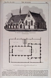 St Helen's Free School, Paddington, London: the elevation, above, and the plan, below, with a scale. Wood engraving, 1851, after T. Meyer.
