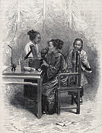An oriental woman at her toilet, to the left stands a maidservant and to the right a girl. Wood engraving by A. Bertrand after D. Marie.