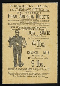 [Leaflet advertising appearances by Frank Uffner's American Midgets: Lucia Zarate and General Mite at the Piccadilly Hall, London. Printed on white paper].
