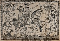 Khandoba alias Mantri avatar on horseback with a woman spearing the demon Malla daitya, another woman Murali approaches towards them while behind the couple, Vaghoba with an arrow and bell stands before the fallen demon Mangi. Transfer lithograph by Kusha Buvra Ramji.