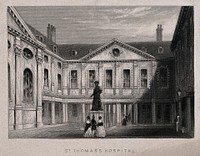 Old St. Thomas's Hospital, Southwark: inside the first courtyard. Engraving.