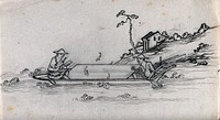 Two Chinese fishermen in their boat, fishing by moonlight. Ink drawing, China, 18--.