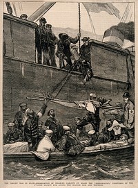 Carlist War, Spain: Spanish sick and wounded being carried on board the "Somorrostro". Wood engraving by I. Nash.