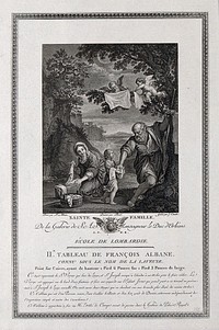 Saint Mary (the Blessed Virgin) washes clothes and passes the washed clothes to the Christ Child who gives them to Saint Joseph to hang on a tree to dry, with the assistance of angels. Engraving by J. Couché, 1791, after A. Borel after F. Albani.