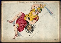 Astrology: signs of the zodiac, Perseus with Medusa's head. Coloured engraving.