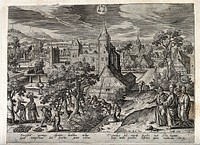 The month September and the sign of Libra, represented by people gathering fruit from trees and the parable of the barren fig tree. Engraving by A. Collaert after H. Bol, 1585.