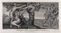 Eve receives the forbidden fruit from a serpent in the shape of a woman; the angel expels Adam and Eve from paradise. Engraving by A. Capellan, 1772, after Michelangelo.