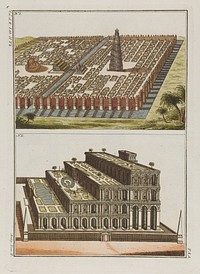 Babylon: the city (above); the hanging gardens of Babylon (below). Coloured engraving, ca. 1804-1811.
