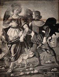 Saint Raphael the Archangel and Tobias. Photolithograph by J. Akerman after a follower of Verrocchio.