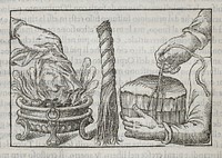 Imperato's asbestos experiments. Woodcut, 1599.
