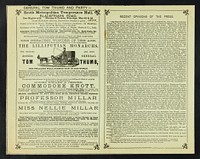 [Leaflet (1880) advertising appearances by The Lilliputian Monarchs: the Australian General Tom Thumb and Commodore Knott at the Horns Assembly Rooms (Kennington, London, England). Printed on pale green paper].