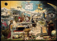 Astronomy: various apocalyptic scenes, including Napoleon III on horseback with a smiling Queen Victoria, a flag-draped coffin, and a battle. Coloured lithograph, [c.1867].